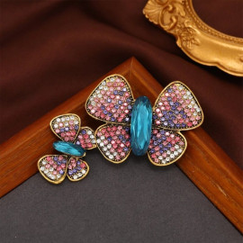 Grande Broche Doubles Papillons Cristal et Strass Couleur Rose