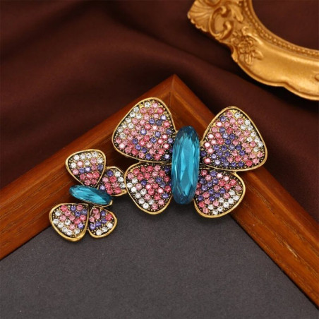 Grande Broche Doubles Papillons Cristal et Strass Couleur Rose