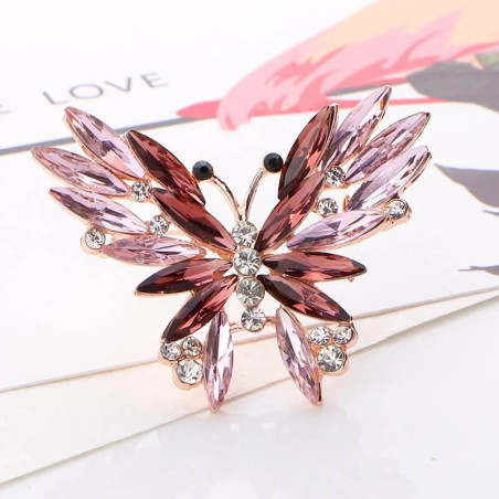 Broche Papillon en Cristaux Effilochés et Strass Couleur Rose