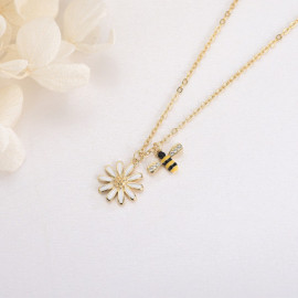 Collier Pendentif Abeille - Abeille Ailes Strass et Belle Marguerite