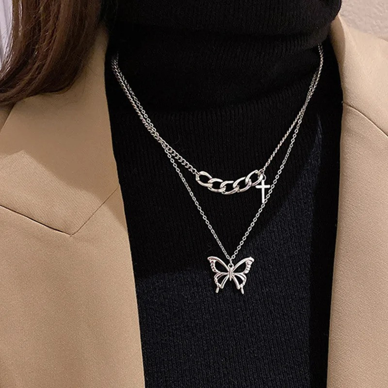 Collier papillon double chaîne