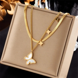 Collier papillon double colier avec papillons aux ailes nacrées et étoiles