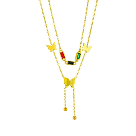 article Collier papillon double chpaine 3 papillons et pierres de couleurs