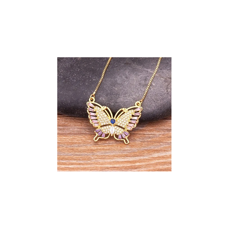 Collier avec pendentif papillon avec strass colorés