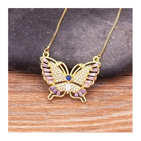 Collier avec pendentif papillon avec strass colorés