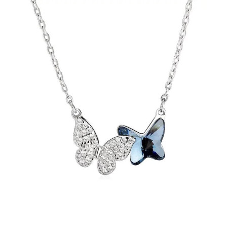 détails Collier Papillon Argent Sterling 925 véritable - 2 papillons en argent Strass et bleu