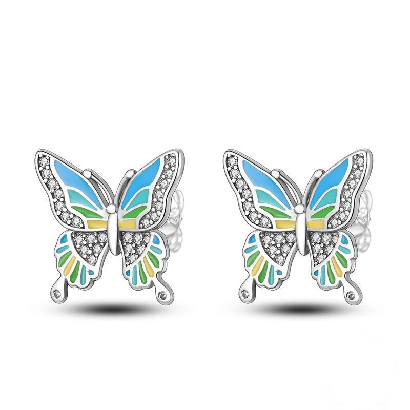 Boucles d'oreilles papillon grand papillon bleu, vert etjaune en Argent Sterling 925
