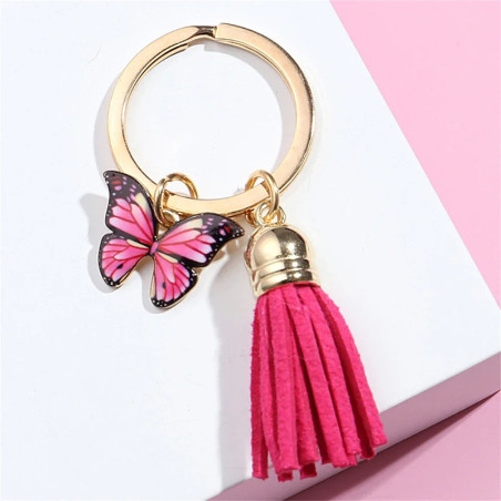 Porte-clés papillon avec grand pompon et petit papillon - couleur rose