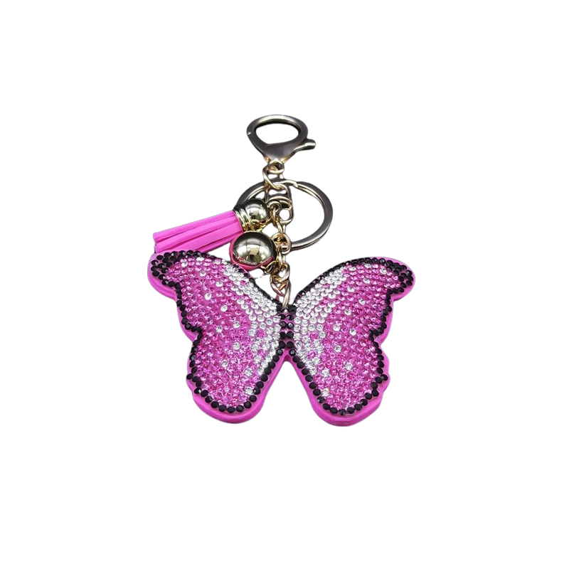 détails Porte-clés papillon rose avec Strass étincelants avec pompon