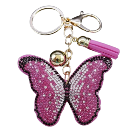 Porte-clés papillon rose avec Strass étincelants avec pompon