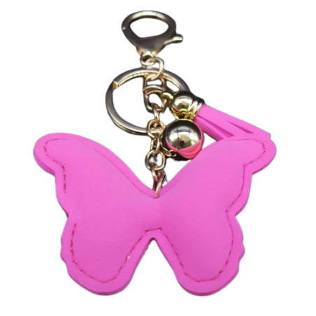 vue arrière Porte-clés papillon rose avec Strass étincelants avec pompon