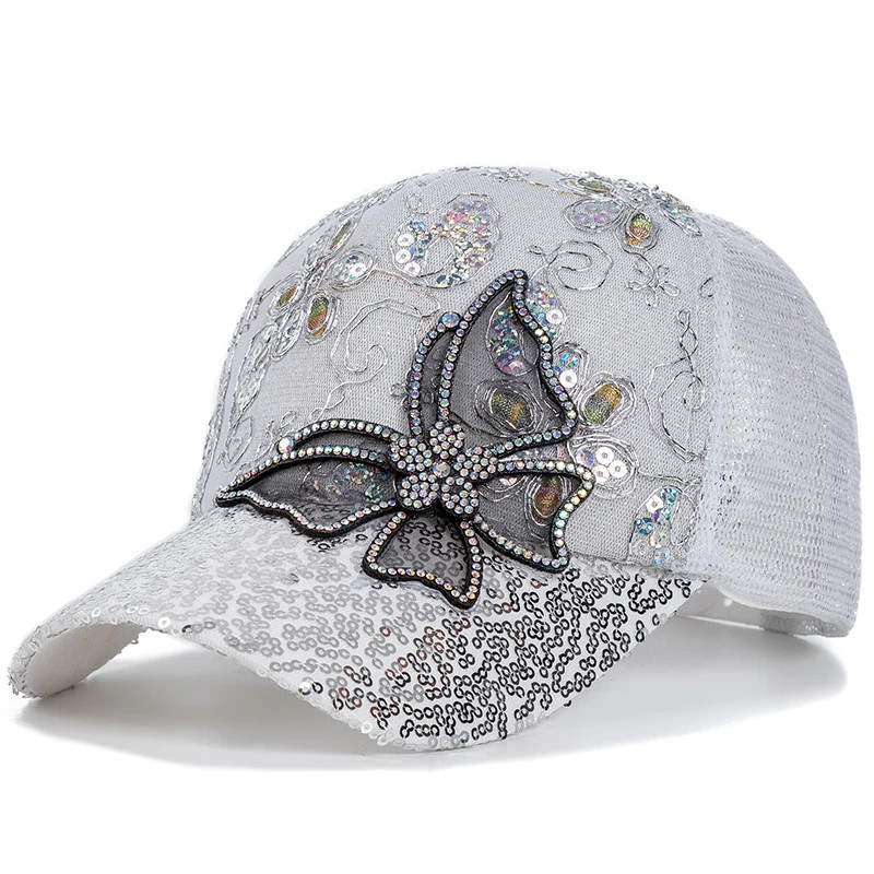Casquette de baseball avec Grand Papillon Strass et Fleurs - Couleur Blanc