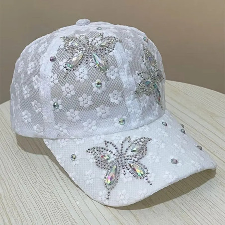 Casquette de baseball respirante avec Grands Papillons en Strass - Couleur Blanc