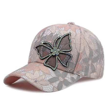 Casquette Papillonl brodée de Fleurs et de Papillons en dentelle et Stra - Couleur Rose