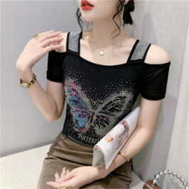 T-shirt à épaule nues avec Grand Papillon à Strass et Paillettes couleur noir