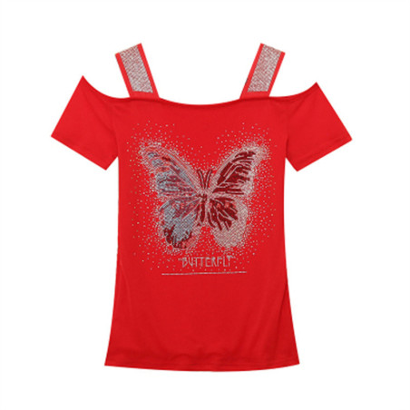 vue détaillée du  T-shirt à épaule nues avec Grand Papillon à Strass et Paillettes