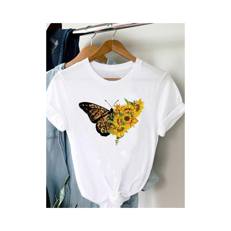 T-shirt Papillons imprimé Tournesols et Papillons couleur blanc