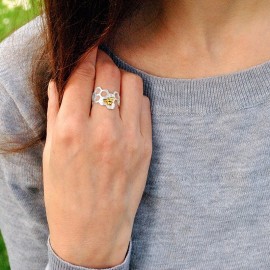 manifique bague à structure en nid d'abeille, en argent sterling 925 et or 18 k
