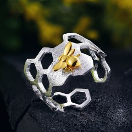 Bague à structure en nid d'abeille, en argent sterling 925 et or 18 k