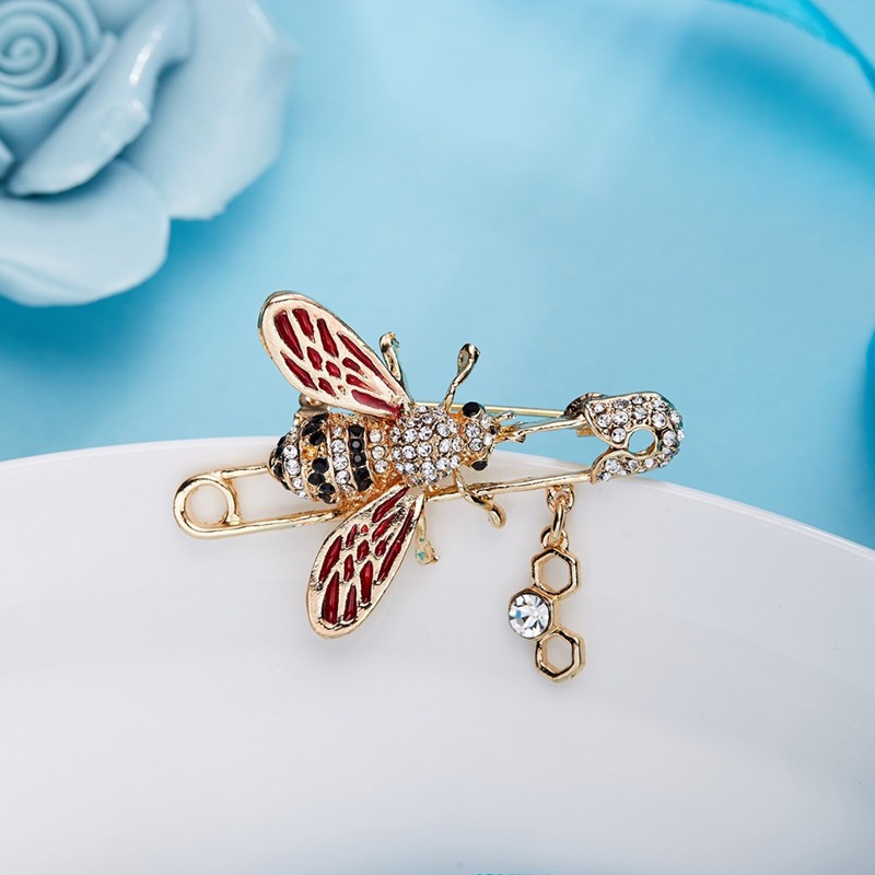Broches épingle petite abeille en cristal strass rouge