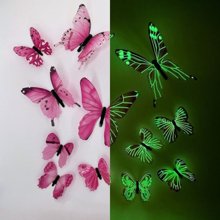Sticker Mural Papillon 3D Fluorescents dans le noir couleur Rose