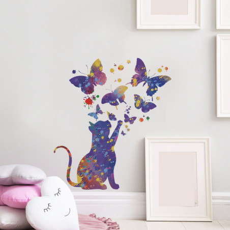 Magnifiques Stickers muraux chat étoilé et papillon - Grand set de 66cm x 58 cm