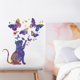 Exemple pose de Stickers muraux chat étoilé et papillon