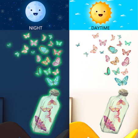 Vue de jour et de nuit Grand Autocollant Papillon Design Bouteille papillons Phosphorescents