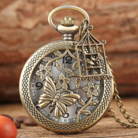 Montre de Poche Papillon à fleurs Rétro Couleur Bronze