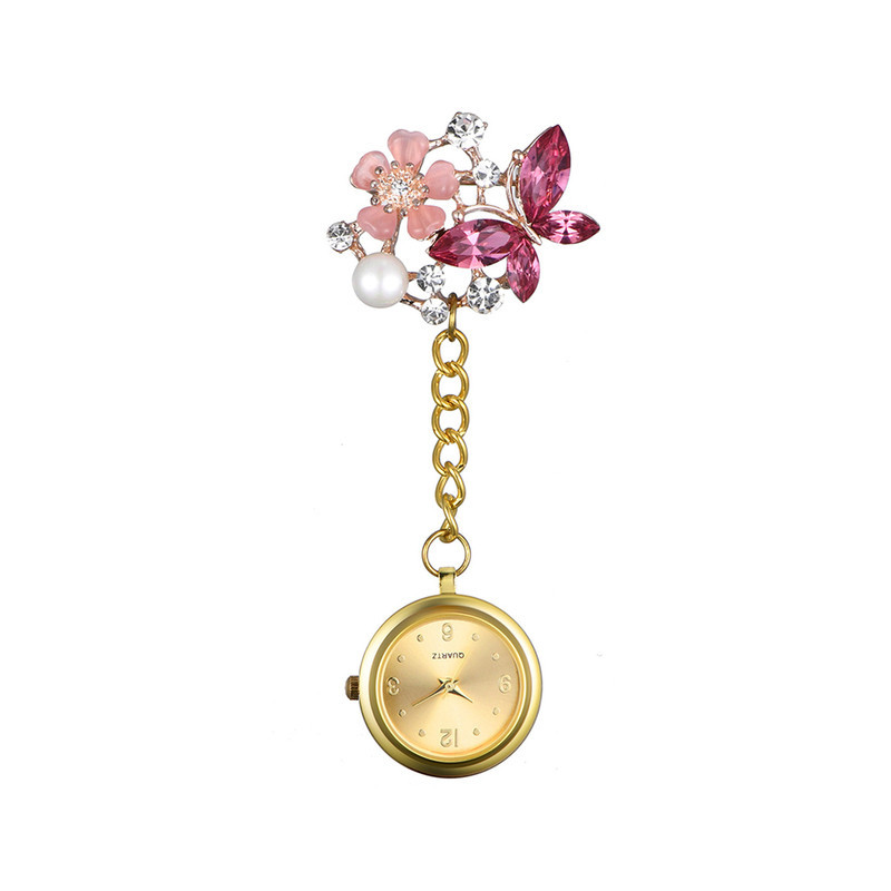 Montre de Poche pour Infirmières à Quartz avec pendentif papillon en cristal couleur rose