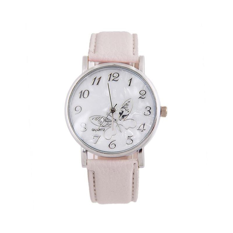 Montre Papillon élégant à Quartz avec bracelet en cuir pour femmes couleur Rose Pale