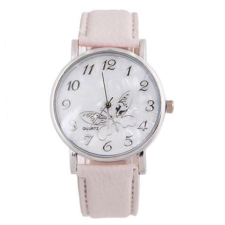Montre Papillon élégant à Quartz avec bracelet en cuir pour femmes couleur Rose Pale