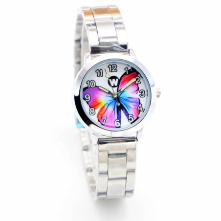 Vue complète de la Montre Papillon avec Grand Papillon Coloré pour Femme en acier inoxydable
