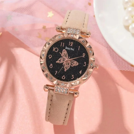 Montre-bracelet à quartz Crystal Pearl Butterfly couleur Beige