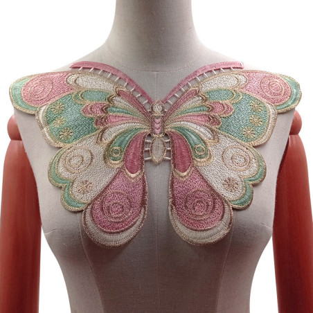 Grand Écusson Papillon à coudre 37cmx24cm - Grand Papillon Magnifiquement Brodés couleur Rose