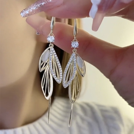 Boucles d'oreilles Libéllule Longues Ailes de libellule en Zircon et Opale