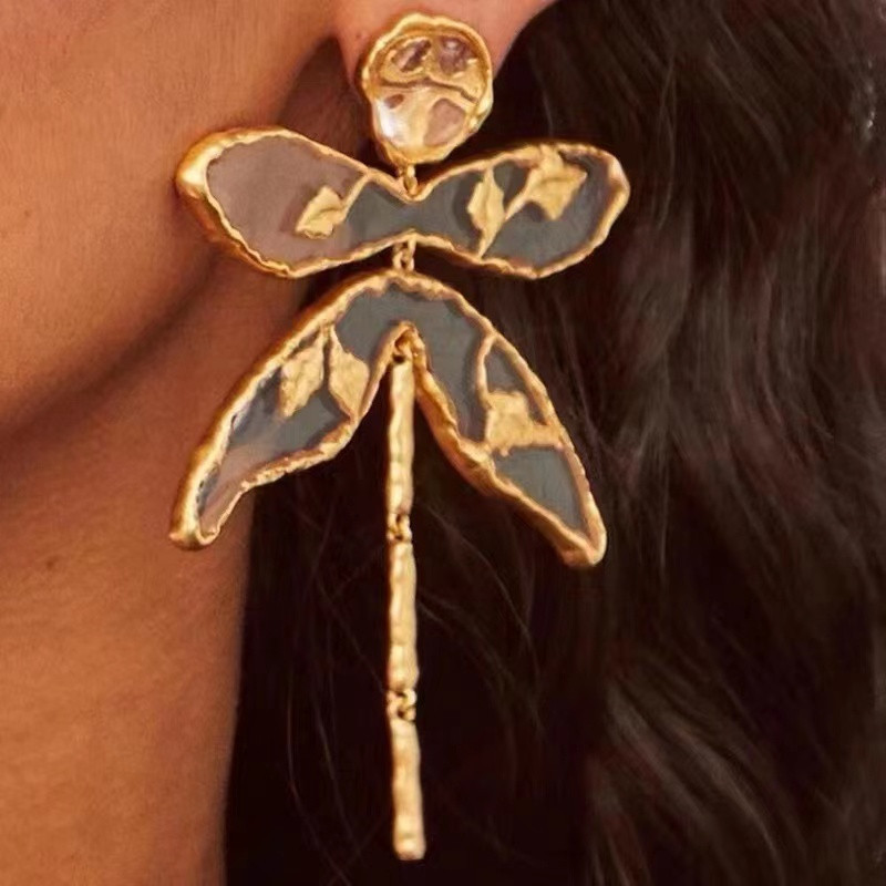 Boucles d'oreilles pendantes Libéllule Design Art Vintage Couleur Or