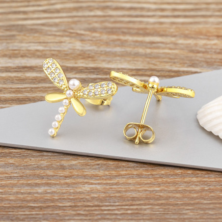Détails des Boucles d'oreilles Libéllule en Zircon avec Perles Blanches et Strass couleur or