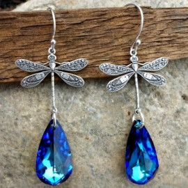 Magnifiques Boucles d'oreilles Pendantes Libéllule Vintage avec Pierre Bleu Foncée