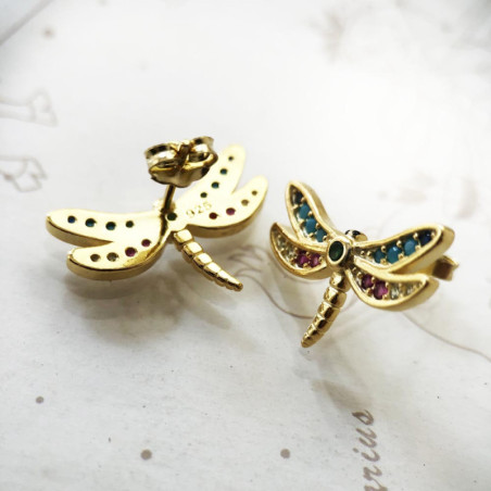 Boucles d'oreilles Libéllule en Argent Sterling 925 Strass Vert et Rose