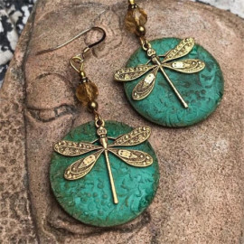 Boucles d'oreilles pendantes Libéllule Vintage en bronze Vert Ethnique