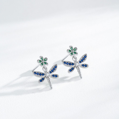 Détails des Boucles d'oreilles Libéllule Violet et Fleur Verte en Argent Sterling 925