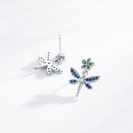 Vue arrière des Boucles d'oreilles Libéllule Violet et Fleur Verte en Argent Sterling 925