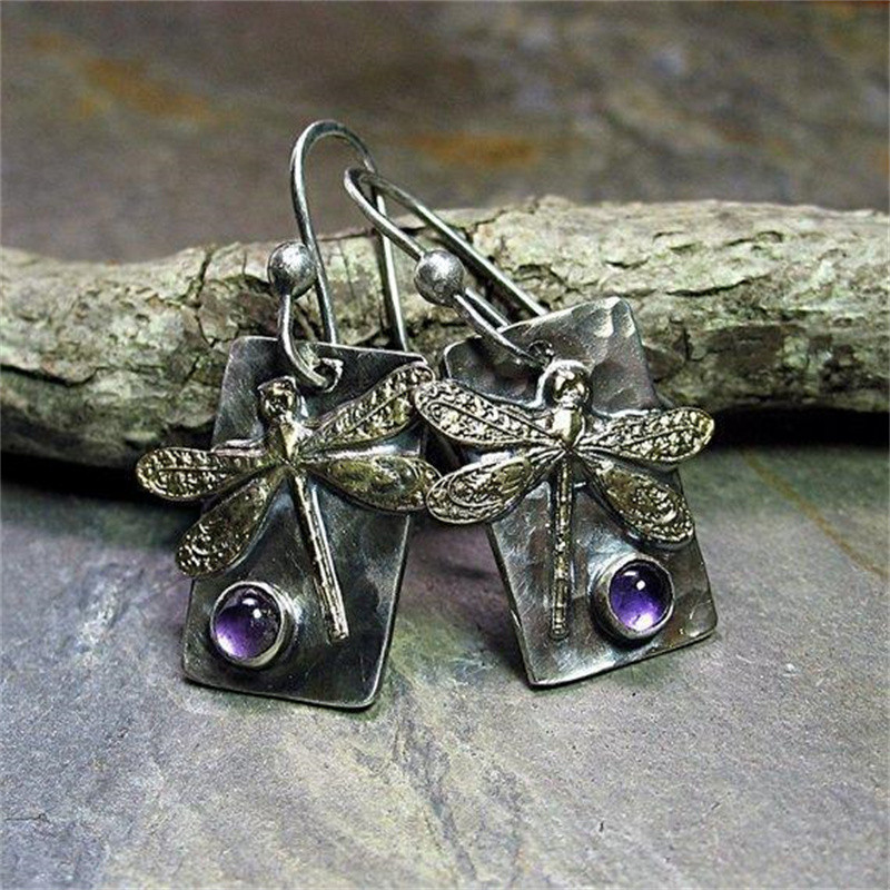 Détails des Boucles d'oreilles pendantes Libéllule Design Arty Pierre Violette Argent