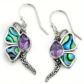 Détails des Boucles d'oreilles pendantes Libéllule en métal et Coquillage Ormeau Abalone