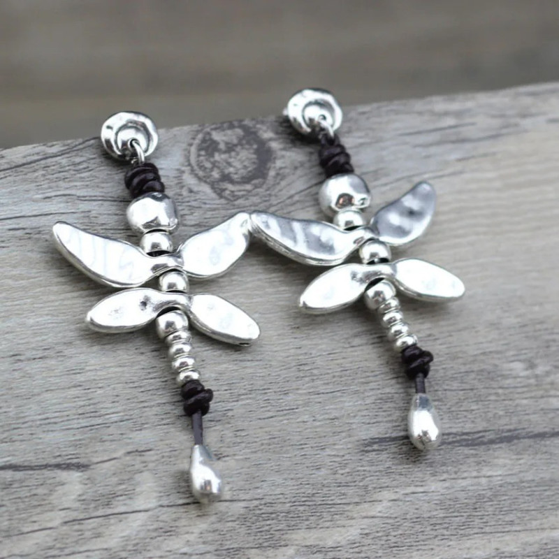 Orecchini Libellula Donna in Pelle e Argento Placcato