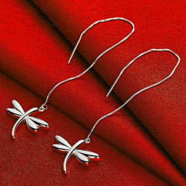 Vue complète des Boucles d'oreilles Longues Libéllule en Argent Sterling 925