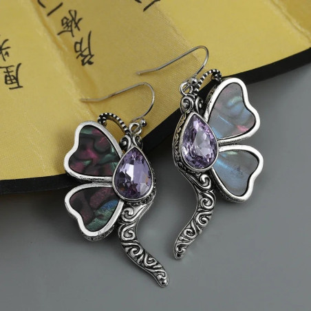 Boucles d'oreilles pendantes Libéllule en métal et Coquillage Ormeau Abalone