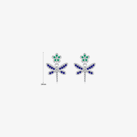 Dimensions des Boucles d'oreilles Libéllule Violet et Fleur Verte en Argent Sterling 925