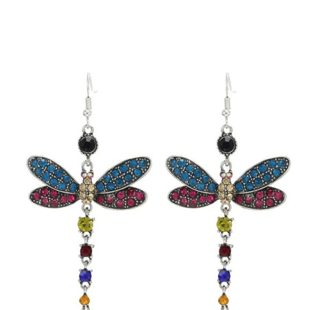 Boucles d'oreilles Pendantes Libéllule en Zircon Cubique couleur multicolor
